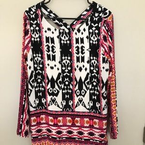 Long sleeve printed shift dress with cross back